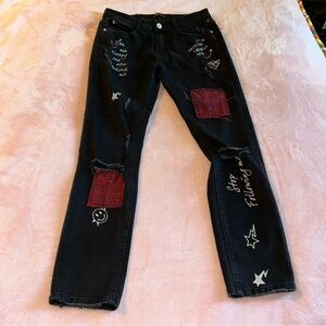 Kleep black slim fit skinny distressed graffiti patchwork size 32 emo goth